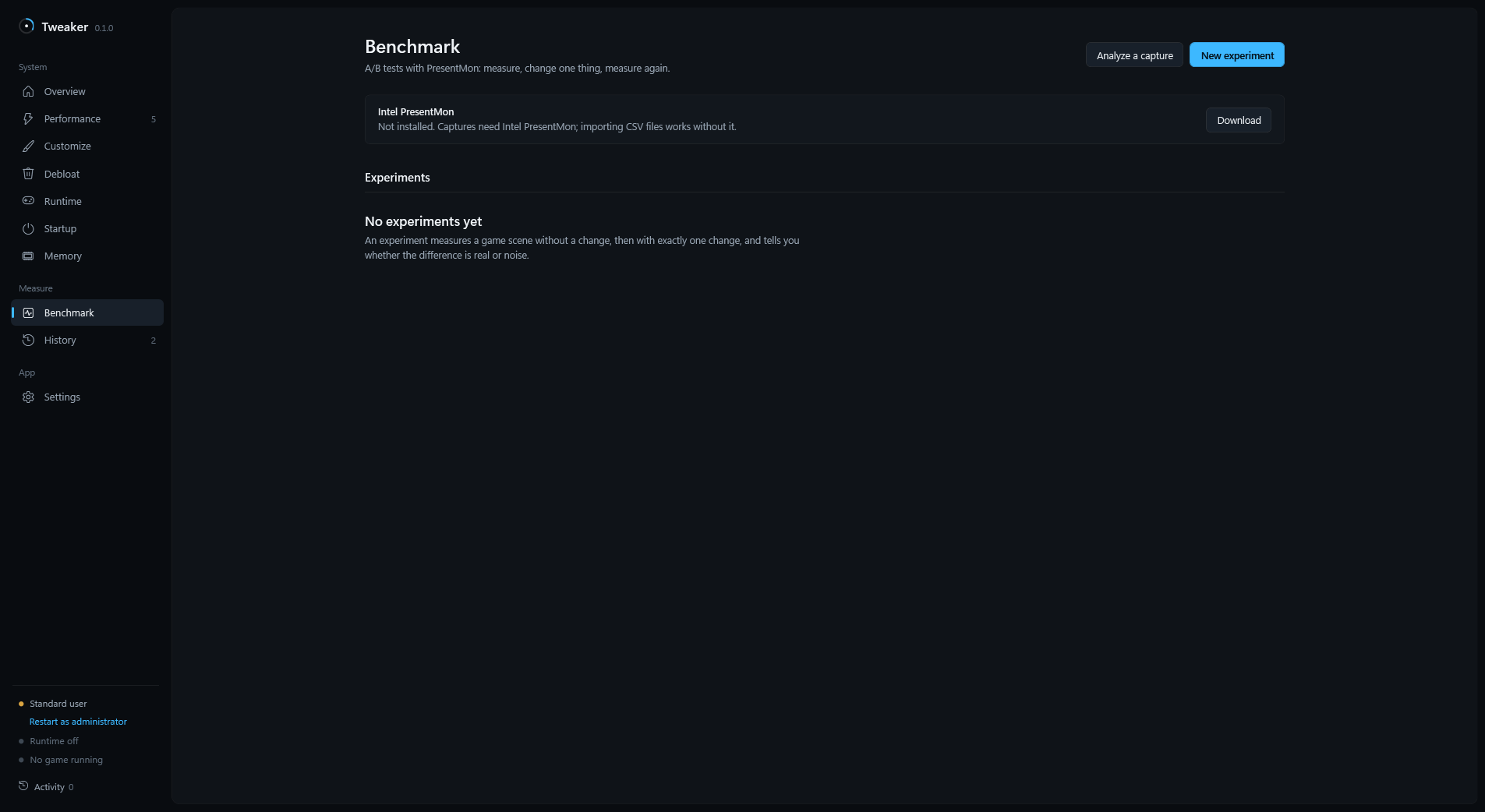 Actual TMF Benchmark screen for recording and comparing game performance.