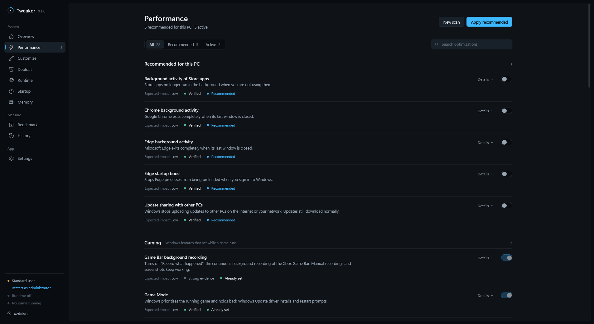 Actual TMF Performance screen with categorized settings and explanations for individual changes.